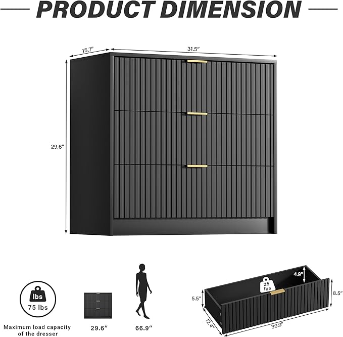 Furniway Black Dresser Bedroom Set 3 Pieces, Nightstands Sets of 2, 8 Drawer Dresser with Gold Handles for Bedroom