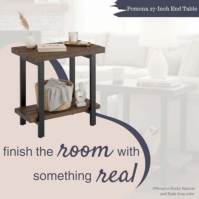 Alaterre Furniture Pomona Living Room Tables – 2-Tier Solid Wood End Table with Natural Finish and Metal Legs – Modern Farmhouse Accent or Home Décor (Rustic Brown)