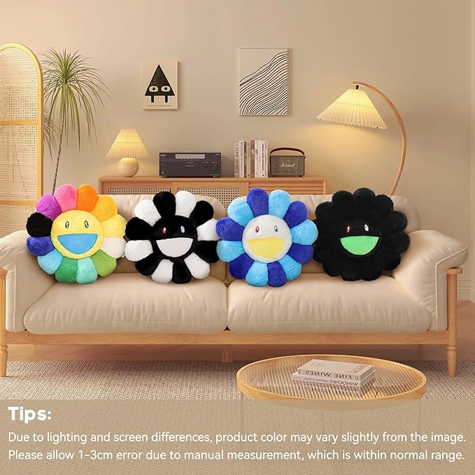 Flower Pillow,Flower Shaped Throw Pillow,Cute Smiley Face Floor Cushions,Colorful Sunflower Plush Pillows,Cute Plushie Room Decor,Mothers Day Decorative Pillows for Bedroom,Sofa,Dorm (Black,23.6In)