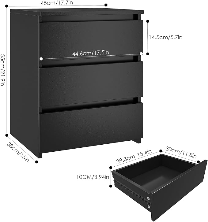 FOTOSOK Black Nightstand with 3 Drawers, Black Bedside Table Night Stand for Bedroom with Cut-Out Handle, Sofa Side Table 3 Drawer Nightstand for Bedroom, 17.7W*15D*21.7H - Image 3