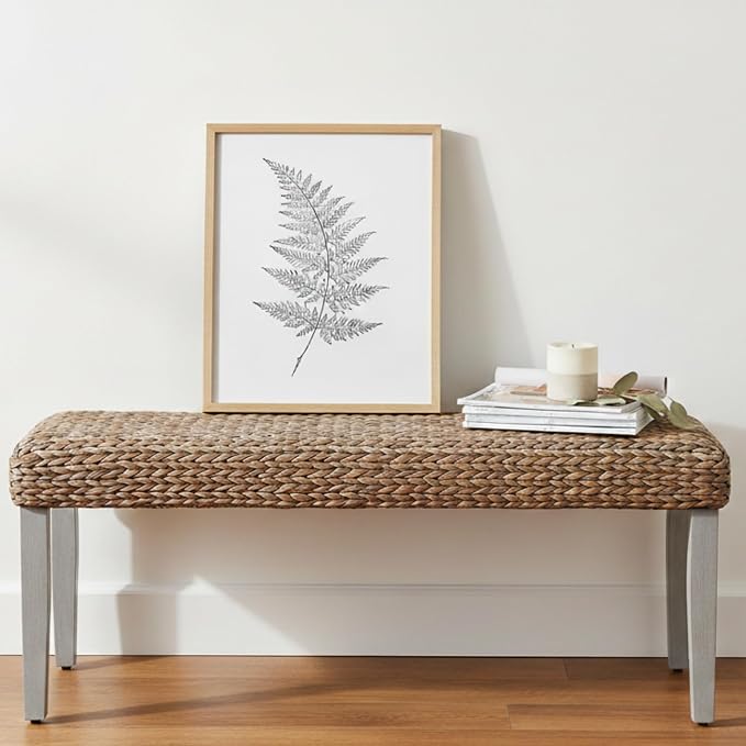 Solid Wood Acacia Indoor Bench with Natural Woven Water Hyacinth Seat, Wood Bench for Living Room or Entryway, Vintage Bench, Fishbone Style, Grey Leg - Image 9