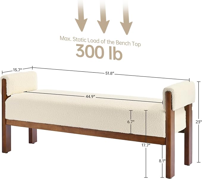 VKNOW End of Bed Bench, 51.8” Upholstered Bedroom Bench Indoor Bench with Solid Wood Frame, Modern Entryway Bench with Arms for Bedroom Living Room, Beige - Image 2