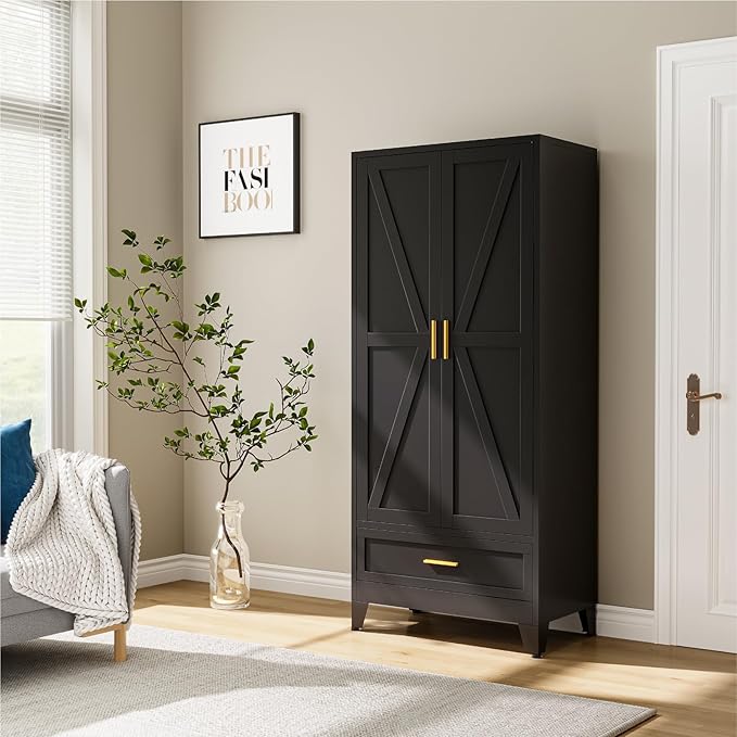 Metal Wardrobe Cabinet, 71" Tall Armoire Wardrobe Closet with Drawer,Hanging Rod and Adjustable Shelf, Farmhouse Clothing Storage Cabinet for Bedroom, Laundry