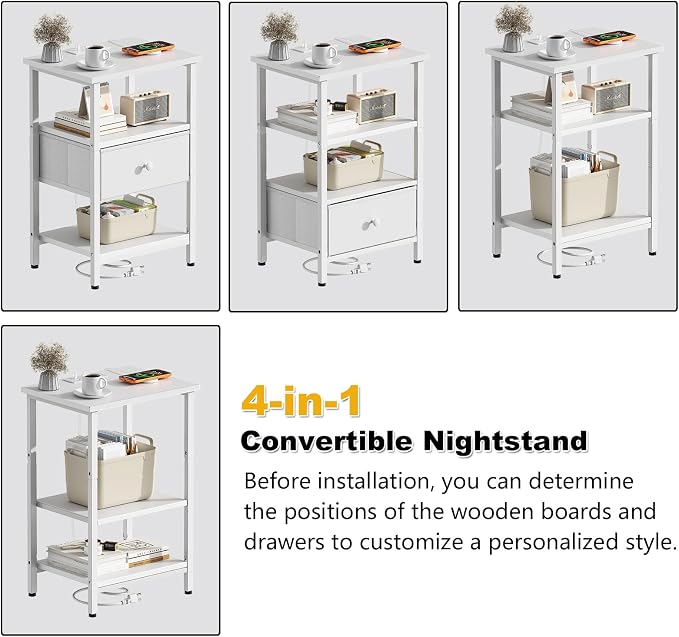 Side Table with Charging Station, Nightstand with Adjustable Fabric Drawer, Bedside Table for Bedrooms, Living Rooms & Home Decor (White) - Image 3
