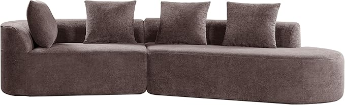 Merax 2-Piece 116" L-Shaped Modular Sectional Sofa Set, 4 Seat Fully Assembled Curved Upholstery Couch with High-Density Compressed Sponge, Chaise Lounge & 4 Pillows for Living Room, Brown