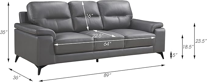 Lexicon Danica Top Grain Leather 3-Piece Living Room Sofa Set, Dark Gray
