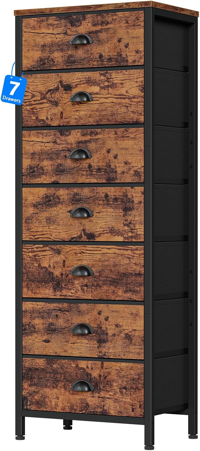 Furnulem Bedroom Dresser with 7 Drawers,Tall Industrial Fabric Chest of Drawers, Vertical Storage Tower Bedside Furniture in Living Room,Closet,Entryway-Sturdy Steel Frame(Rustic Brown) - Image 9