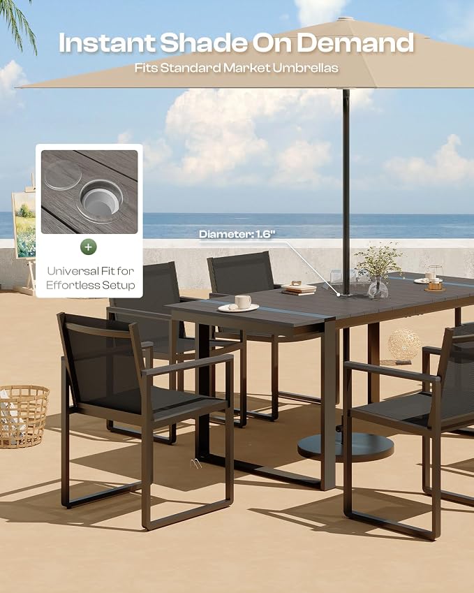 Outdoor Dining Set, HDPS + Aluminum Patio Table and Chairs Set with U-Shaped Base, 7 Piece Outdoor Furniture Set with Umbrella Hole, Patio Dining Table Set for Garden, Backyard (Charcoal) - Image 2