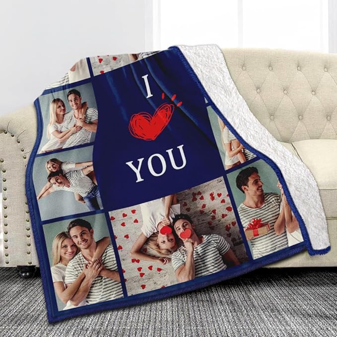Ships Next Day, Custom Sherpa Fleece Blanket with Photos Text Soft Warm Custom Blanket Personalized Couples Gifts for Boyfriend Girlfriend Customized Picture Blanket Gifts for Christmas Valentines Day