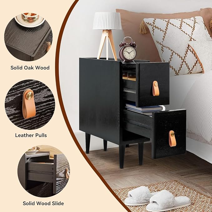 Narrow Nightstand, Solid Wood Night Stand, Mid Century Modern Side Table, 2 Drawers End Table, Small Bedside Tables for Bedroom, 9.84" W x 15.74" D x 21.65" H, Black - Image 6
