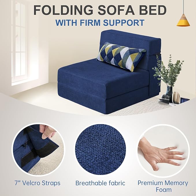 Folding Sofa Bed with Pillow Memory Foam Convertible Sleeper Chair Bed Couch Futon Lazy for Living Room Home Office Guest Beds Apartment Upstairs Loft, Single Size, Dark Blue