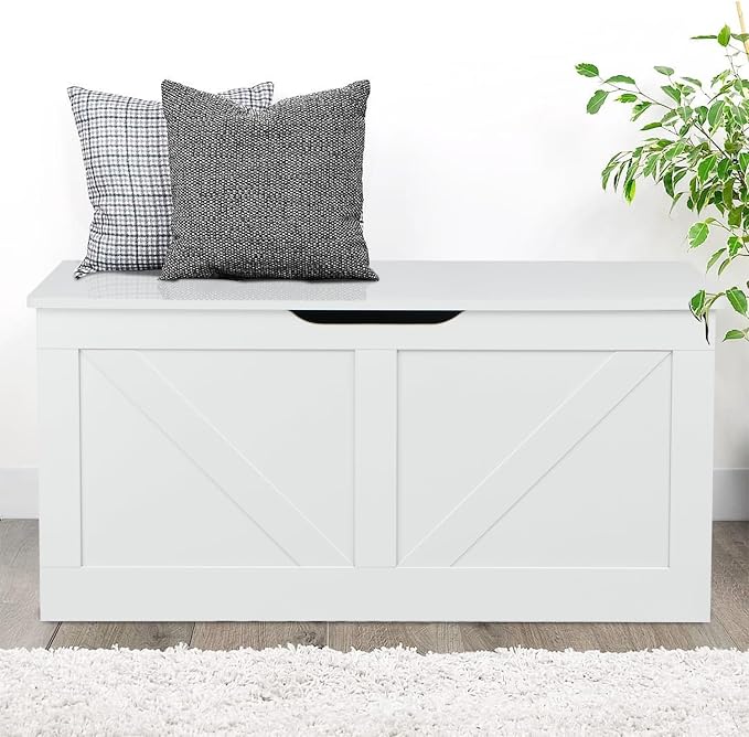 Timberer 39.4" Storage Chest, Wooden Storage Bench, Large Storage Trunk with 2 Safety Hinges, Entryway Shoes Bench for Living Room, Bedroom, White - Image 9