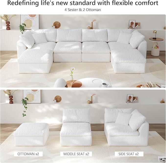 138" Modular Sectional Sofa Boneless Cloud Couch for Living Room, U Shape Deep Seat Recliner Sofa with Ottoman, Adjustable Backrest & 2 Throw Pillows - Covers Washable, (White, 4 Seater+2 Ottoman)