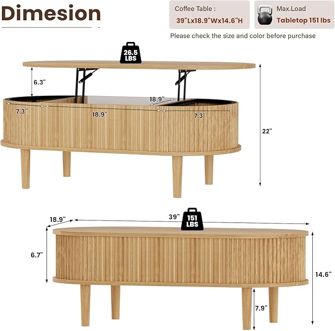 BREEZEHEAT Fluted Lift Top Coffee Table, 39" Oval Coffee Table with Storage, Hidden Compartment & Fully Assembled Centre Table Oval Lift Tabletop for Living Room, Small Space, Home Office, Natural