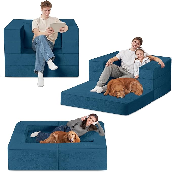 Futon Sofa Bed with Pillow, 3-in-1 Sleeper Sofa Bed with Removable Cover, Convertible Floor Sofa Bed, No Assembly Boneless Couch for Living Room, Bedroom