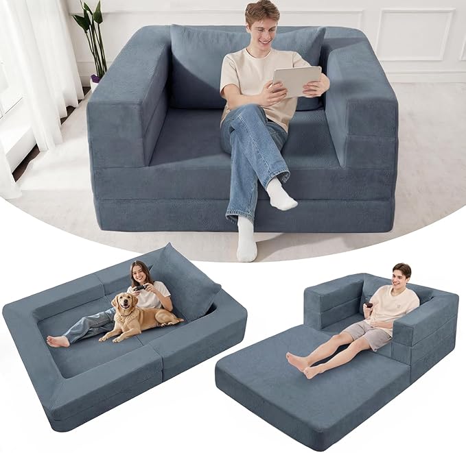 Futon Sofa Bed with Pillow, 3-in-1 Sleeper Sofa Bed with Removable Cover, Convertible Floor Sofa Bed, No Assembly Boneless Couch for Living Room, Bedroom