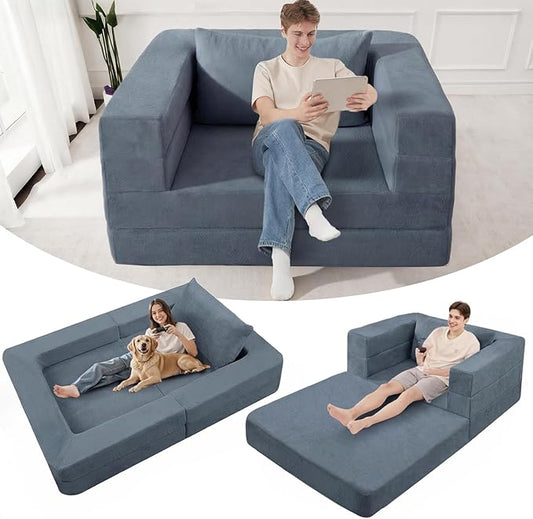 Futon Sofa Bed with Pillow, 3-in-1 Sleeper Sofa Bed with Removable Cover, Convertible Floor Sofa Bed, No Assembly Boneless Couch for Living Room, Bedroom