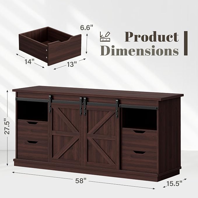 YESHOMY Farmhouse TV Stand for Televisions up to 65 Inch, Wood Entertainment Center with Sliding Barn Doors and 4 Storage Drawers, 58’’ Media Console Cabinet with Shelves for Living Room, Espresso - Image 2