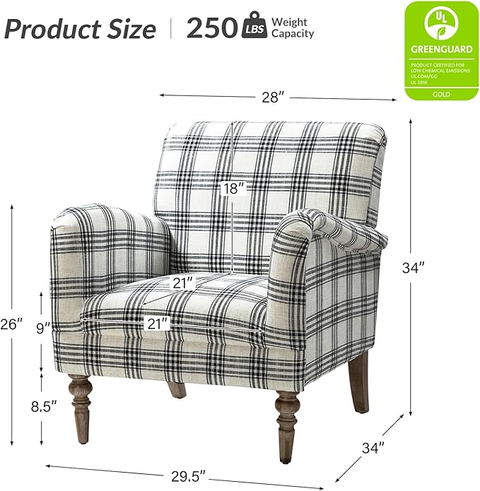 HULALA HOME Modern Accent Chair with Arms & Wooden Legs, Comfy Upholstered Armchair Sofa Chair for Bedroom Living Room(Plaid Pattern, Black)
