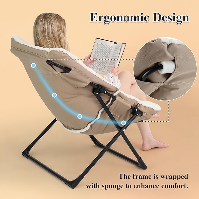 Comfy Saucer Chair for Adults, Set of 2, Soft Faux Fur Bedroom Chair, Accent Dorm Chairs, Flexible Living Room Reading Chairs, Oversized Folding Seat for Teens, X-Large, White