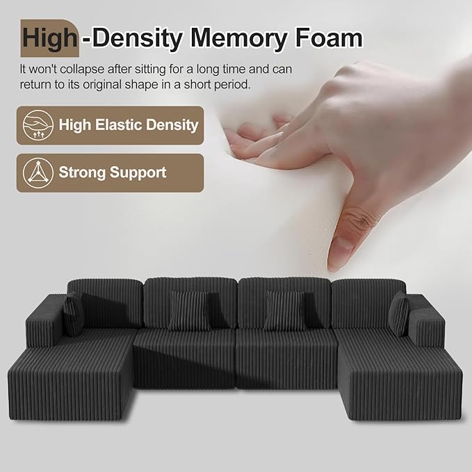 132" U Shaped Couch, Oversized Modular Sectional Sofa with Chaise, Corduroy U Shaped Couch with Deep Seat, Boneless Couches for Living Room, No Assembly Required, Gray