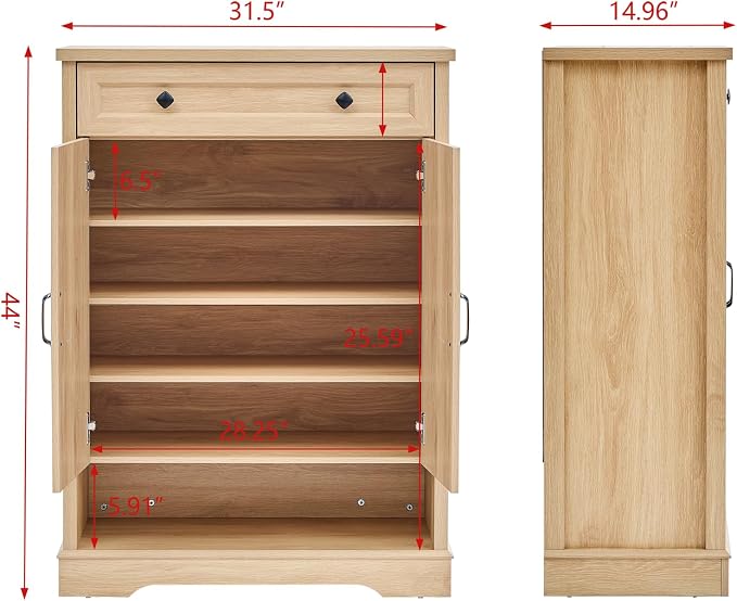 SOOWERY Shoe Cabinet with Drawer, Farmhouse Shoe Storage Cabinet with Doors, 5 Tiers Narrow Shoe Organizer for Entryway, Foyer, Hallway, Natural Oak - Image 2