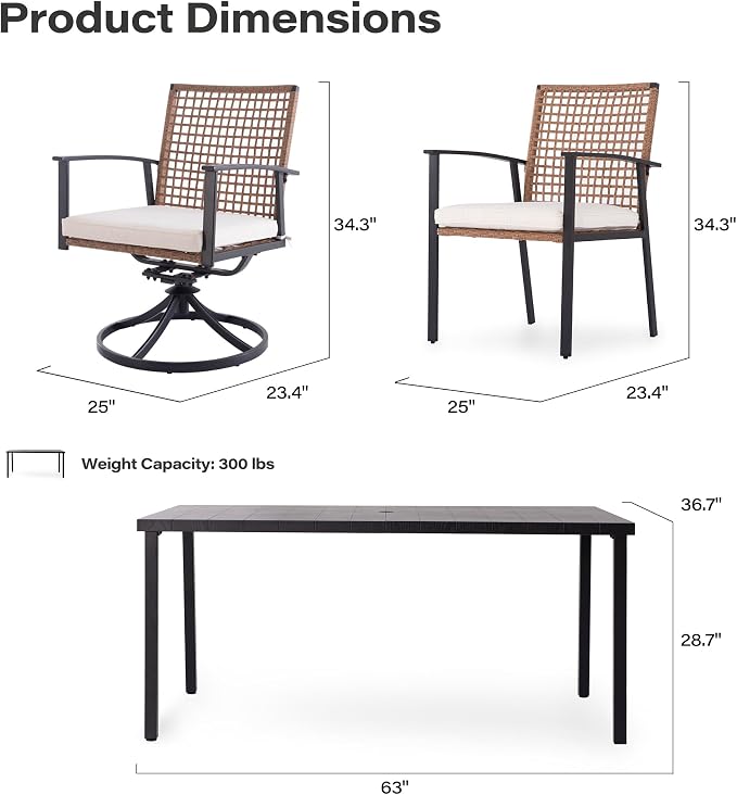 LAUSAINT HOME 7 Pieces Patio Dining Set, Outdoor Furniture Set of 6 Wicker Chairs (2 of Them Swivel) with Soft Cushion and Iron Slats Table Top with Umbrella Hole, Conversation Set for Backyard - Image 8