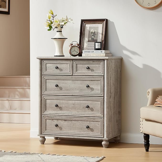 RWYHG Farmhouse 5 Drawer Dresser for Bedroom Set of 2, 35.5" Tall Small Dressers & Chest of Drawers, Rustic Wood Dresser with Roman Column, Storage Organizer for Living Room, Hallway, Closet (Grey) - Image 7