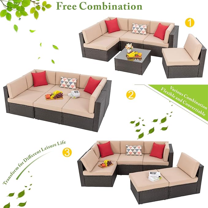 Vongrasig 6 Pieces Outdoor Patio Furniture Set, PE Wicker Rattan Sectional Sofa Small Patio Conversation Sets with Coffee Table for Garden, Backyard, Poolside (Beige)