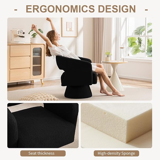ClinQ Swivel Barrel Accent Chair, Oversized Teddy Upholstered Round Swivel Chairs Set of 4, Modern Luxury 360° Living Room Vanity Chair for Bedroom Office&Living Room, Black
