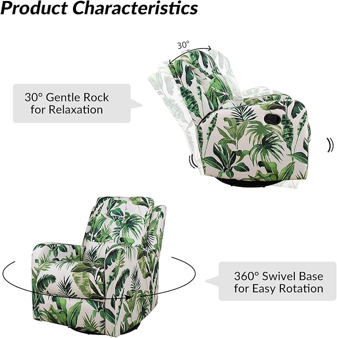 HULALA Home Recliner Chair Set of 2, Modern Printed Fabric for Living Room, Rocker Recliner Sofa Comfy Armchair 360 Degree Swivel, Nursery Rocking Chairs with Adjustable Backrest & Footrest/Green