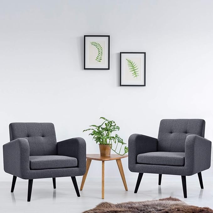 Giantex Upholstered Accent Chair Set of 2, Modern Mid Century Linen Fabric Living Room Chair with Arms, Max Load 265 Lbs, Comfy Tufted Single Sofa for Reading, Bedroom, Office, Club, Grey