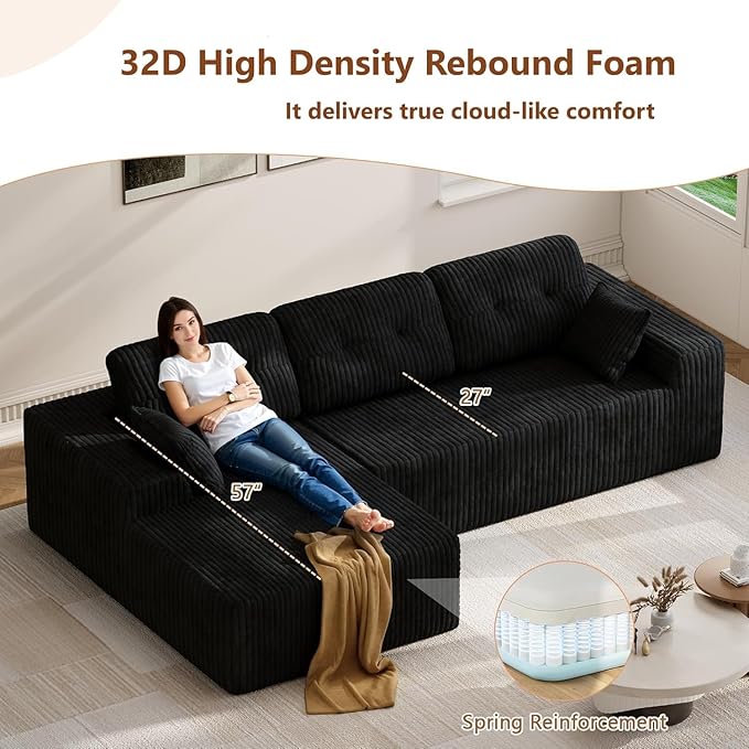 Ball & Cast 106'' Convertible Sectional Sofa for Living Room,Modern Modular L-Shaped Couch,Boneless Comfy Corduroy Fluffy Couch with Deep Seat,Hight Weight Capacity, Black,Left Facing Chaise