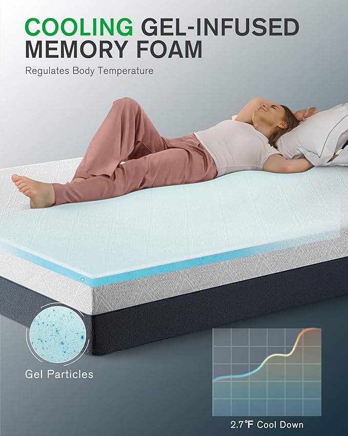 Life Balance 8 Inch Queen Size Mattress, Cooling Gel Memory Foam Mattress in a Box, Made in USA Queen Mattresses, Motion Isolation, Pressure Relief, Medium Firm, CertiPUR-US Certified, CY-8-Q