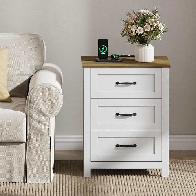 Farmhouse Nightstand with Charging Station and Hidden Drawer, 26" H Bedside Table with 4 Drawers, Night Stand for Bedroom, Home Office, White - Image 9