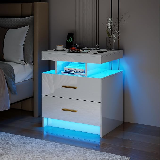 Smart Night Stand Set of 2 with Charging Station, Modern White Nightstand with 24 Color Lights and 2 Drawers, LED Bedside Tables with Auto Senor,High Gloss End Side Table for Bedroom - Image 9