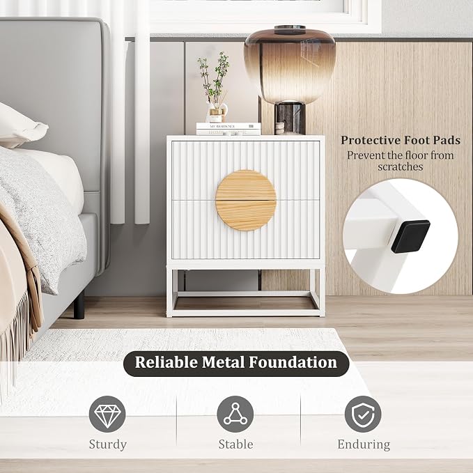 Giantex Fluted Nightstand with 2 Drawers Set of 2, White Wood Bedside Table with Natural Circle Handle & Metal Frame, Minimalist Accent End Table, Modern Mid Century Night Stand for Bedroom - Image 7
