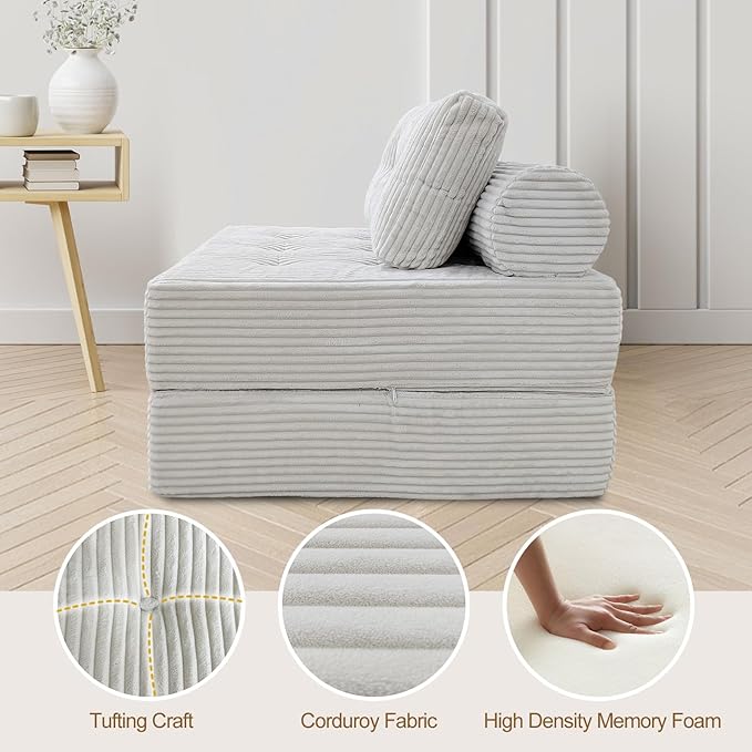 ANONER Memory Foam Folding Sofa Bed, Sectional Couches with Deep Seat and Pillow, Futon Floor Couch, Versatile Convertible Sleeper Chair, Boneless Chaise Lounge, Fold Out Chair Bed, Beige