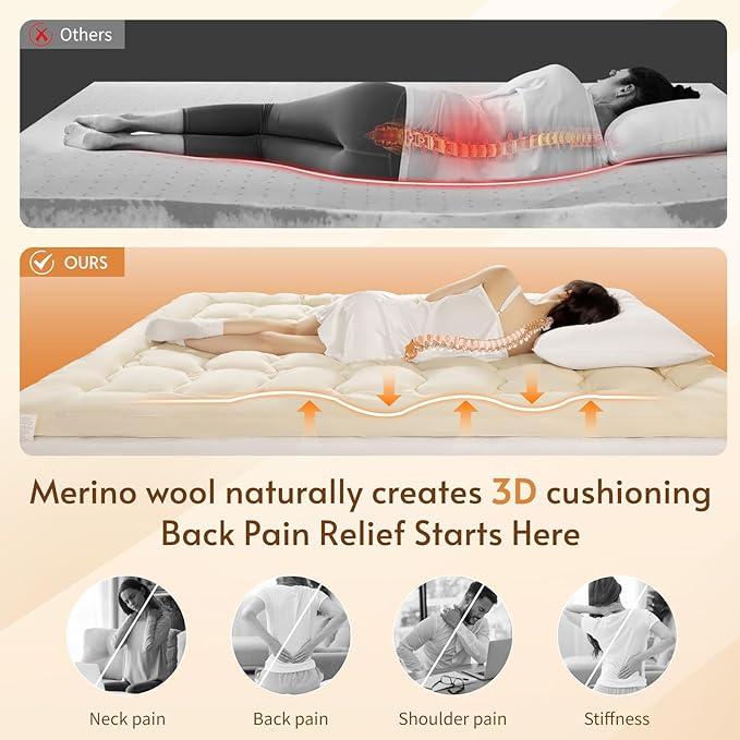 Luxury 100% Organic Wool Mattress Topper Made from Australian Merino, Extra Soft 1500 GSM Wool Mattress Pad for Back Pain Relief, Fuffy Mattress Cover (Beige, Queen(60"x80"))