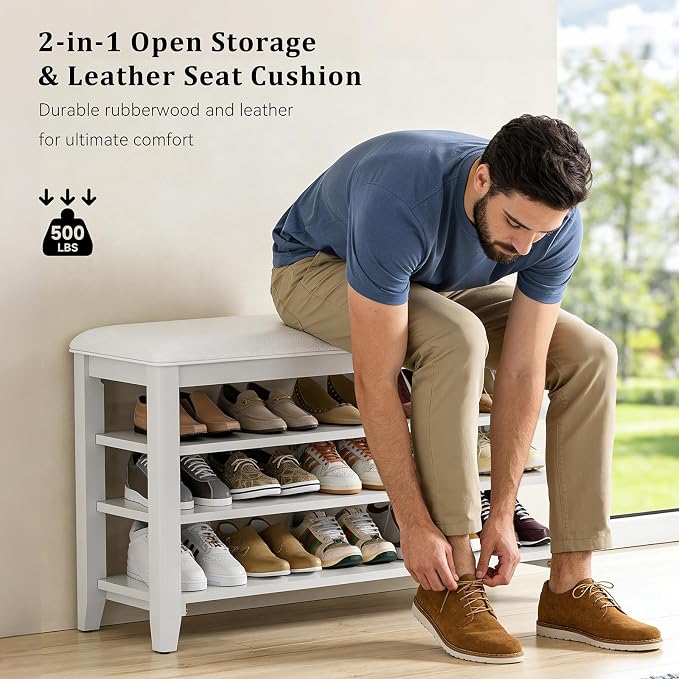 Shoe Rack Bench Entryway Storage with Leather Cushion, Shoe Organizer Bench for Entryway, Ideal for Front Doors Entrances Hallway Mudroom Featuring Rubberwood And 3 Height-Adjustable Removable Shelve - Image 4