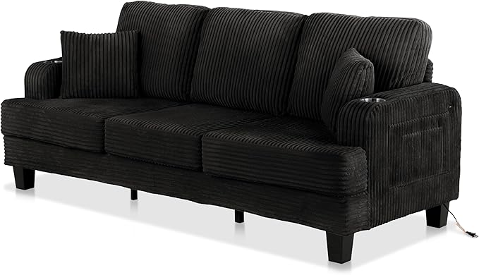 Homes: Inside + Out Reese Modern Plush Chenille Couch with Side Pockets, Cup Holders and USB Ports, Wooden Comfortable Sofa for Living Room, Bedroom and Office, Black