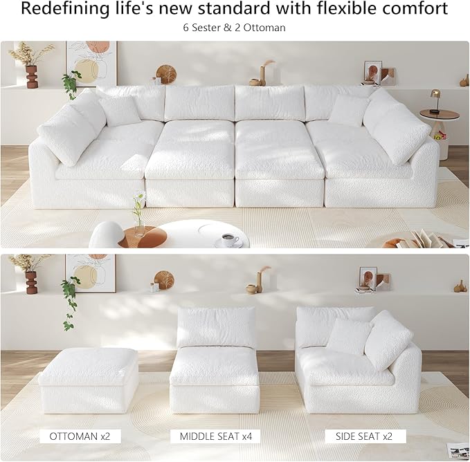 Modular Sectional Sofa Boneless Cloud Couch for Living Room, U Shape Deep Seat Recliner Sofa with Ottoman, Adjustable Backrest & 2 Throw Pillows - Covers Washable, (White, 6 Seater+2 Ottoman)