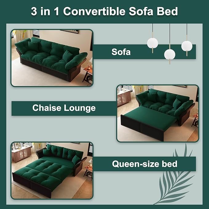 Eafurn 3-in-1 Convertible Sofa Bed Queen Size Pull Out Sleeper Sofa with Skin-Friendly Velvet Fabric, Multi-Functional Loveseat with Pillow Armrest for Guest Room & Living Room