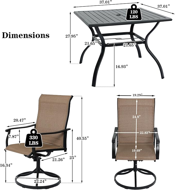 NOBLEMOOD 5-Piece Outdoor Dining Table & Chair Set, Outdoor Dining Set with 4 Textilene Swivel Chairs, Patio Metal Square Dining Table Set for Outside, Garden, Backyard - Image 6