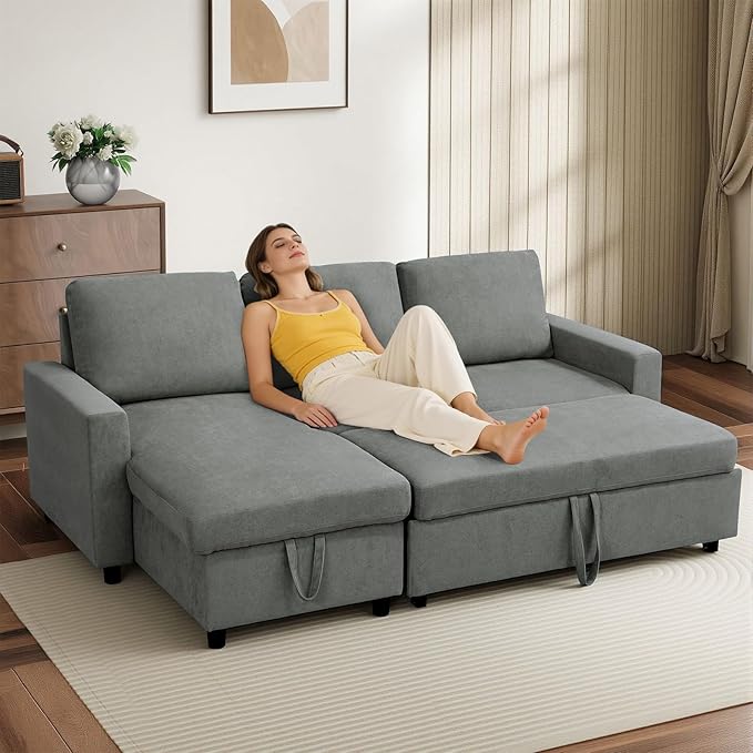 L-Shaped Sleeper Sofa with Chaise Lounge & Storage, Pull-Out Couch Bed with Recliner, Full Size Futon for Living Room, Office, Apartment Dark Grey