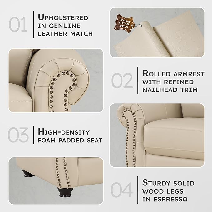 Lexicon Top Grain Leather Match Chair Accent Chairs for Living Room with Solid Wood Frame, Rolled Armrest & Nailhead Trim, Comfy Reading Chair for Bedroom, Office, Waiting Room, Cream