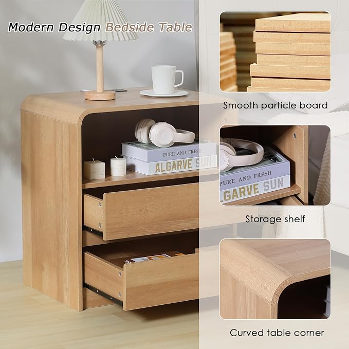 Modern Nightstands Set of 2, Oak Night Stand with Charging Station, Wood End Table with 2 Drawers, 23.6'' Wide Bedside Cabinet for Bedroom - Image 4