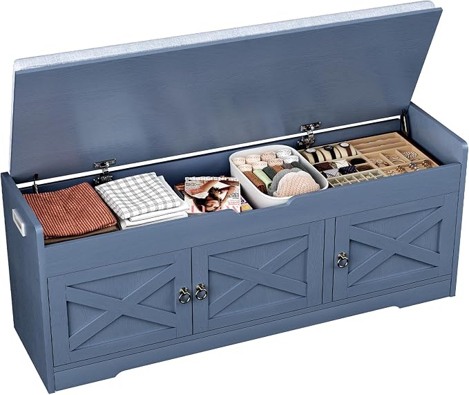 Farmhouse Shoe Storage Bench with Cushion Seat, 3-Tier Entryway Bench with Lift Top Storage and Adjustable Shelf, Bench for Hallway, Bedroom, Blue - Image 9
