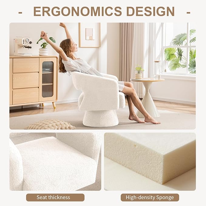 ClinQ Swivel Barrel Accent Chair, Oversized Teddy Upholstered Round Swivel Chairs Set of 2, Modern Luxury 360° Living Room Vanity Chair for Bedroom Office&Living Room, White