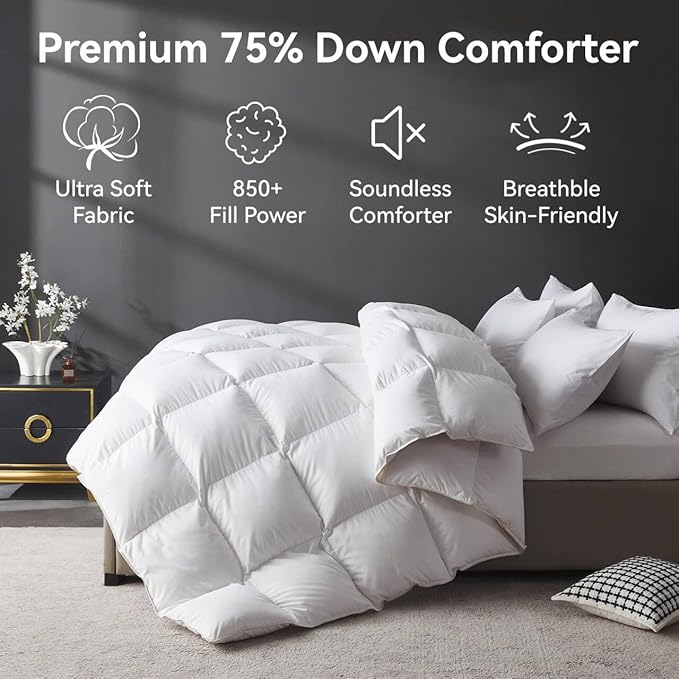 L LOVSOUL Organic 75% Down Fiber Comforter King Size,850+FP,1200TC,Extra Fluffy,Hotel Style,Luxury Ultra Soft All Season White Duvet Insert with 8 Corner Tabs